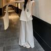 Estilo Perezoso y Relajado, un Conjunto Completo de Trajes Casuales para Mujer, Chaleco de Verano con Escote en V y Cuello Halter, Pantalones de Pierna Ancha a Rayas Conjunto de Dos Piezas