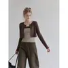Conjunto de duas peças ummoimoi para mulheres, cardigã listrado cor de café, gola redonda, mangas compridas, top justo, outono, retrô