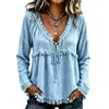 2026 Verano Nuevo Estilo Europeo y Americano Holgado Cuello en V con Flecos Manga Larga Camiseta Color Sólido Top Casual Transfronterizo Camisa para Mujer