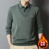 Camisa Polo Rayada Falsa de Dos Piezas para Hombre, Primavera y Otoño, Papá de Mediana Edad, Top Camiseta Holgado Casual con Cuello Campana Venta al por Mayor