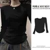 Camiseta de Algodón con Hombro Derecho, Cuello en V Americano, Manga Larga para Mujer en Otoño e Invierno, Nuevo Diseño, Top Versátil para Base