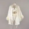 Pantalones Cortos de Lencería Estilo Nuevo Europeo y Americano, Conjunto de Tres Piezas de Camisón, Ropa de Casa de Seda Artificial, Pijamas de Satén con Plumas de Otoño para Mujer, Transfronterizo