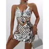 AYJ Vestido Moderno Sexy Europeo y Americano para Discoteca con Parche de Lentejuelas Espejo Patchwork Brillo Espalda Descubierta Hueco Y23072