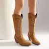2026 Nuevo Estilo Comercio Exterior Transfronterizo Otoño/Invierno Botas para Mujer Bordadas Bloque de Color Tacón Grueso Botas Altas Botas de Vaquero Occidental Caballero