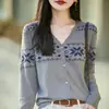 Cárdigan de punto jacquard con cuello en V, nueva chaqueta versátil de primavera y otoño de acetato, cachemira y lana, suave, de hilo fino para mujer
