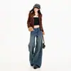 Pantalones vaqueros vintage lavados de pierna recta holgados para mujer transfronterizos, pantalones de pierna larga azul oscuro, longitud extendida azul oscuro