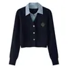 Suéter de Punto Azul Falso Dos Piezas Estilo Universitario Coreano para Mujer, Chaqueta Simple con Cuello Polo, Cuello Alto A7823
