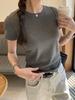Camiseta Feminina de Manga Curta com Cintura Elástica e Pregas, Cor Sólida, Versátil, Design Moderno, para Primavera e Verão, Modelagem Slim