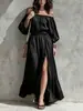 Vestido Longo Feminino Europeu e Americano Amazon 2026 de Um Ombro Barra Larga Cinto Fenda Outono Nova Chegada com Cinto