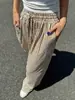 Calça de Verão Nova Europeia e Americana Listrada de Perna Larga para Mulheres 2026, Cintura Alta com Cordão, Solta, Casual, com Bolsos