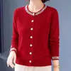 Cardigan de Tricô com Gola Redonda Redutor de Idade Temperamento Feminino Roupa para Mãe de Meia-Idade e Idosa Moda Elegante Top com Botões de Pérola Manga Longa Roupa Feminina