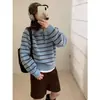 Suéter Pulôver de Tricô Feminino Listras Contrastantes Outono Inverno Gola de Moda Lapela Meio Botão Manga Longa Solto Redutor de Idade
