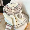 Suéter estilo Fair Isle coreano, nuevo cárdigan chaqueta tejida color hueso para otoño e invierno, suéter elegante de bloques de color de corte holgado para mujer