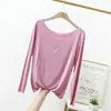 Camiseta base de algodão modal para primavera e verão para mulheres, camiseta de manga comprida plus size, corte solto, sem costura, ombro a ombro, top fino
