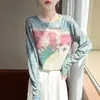 Camiseta básica estampada transfronteriza para mujer, camiseta de manga larga, holgada y favorecedora, tejido ligero de Lyocell, cuello redondo, versátil para primavera y verano