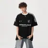 Camiseta Pesada de Manga Corta con Estampado de Letras y Tres Rayas Estilo High Street Americano para Hombres y Mujeres, Top Trendy de Verano para Parejas
