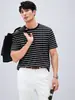 [Camiseta Azul Marinho Clássica] Camiseta Listrada Color Block Soltinha de Gola Redonda Manga Curta para Homem, Estilo Old Money, Versátil e Respirável para o Verão