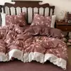 Juego de ropa de cama de doble capa de gasa con encaje francés, mezcla de lino y algodón engrosado para otoño e invierno, con funda nórdica de estilo retro adecuada para todas las estaciones.