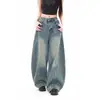 Jeans Retro Americanos con Hoz Agrietada para Mujer, Tendencia Otoño 2025 Nuevos Pantalones Anchos Rectos Holgados con Hoz
