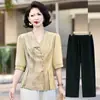 Nuevo Traje Jacquard Estilo Chino para Mujer de Manga Corta Chic Moda Verano Nuevas Llegadas Ropa para Madres Camisa Top Estilo Nacional Cachemira de Cordero