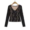 2602-26 Estilo Primavera Diseño Francés Encaje Hueco Cuello en V Camiseta Interior para Mujer para Usar Debajo de Camiseta Sexy Pura