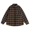 Camisa xadrez color block retrô da moda estilo japonês Rumeng para homens e mulheres, camisa casual versátil solta para casais para o outono