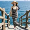 Vestido de tricô listrado estilo Hong Kong retrô, elegante, para dama, bodycon, longo, para férias na praia