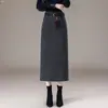 Falda de Lana de Longitud Media con Letras Adelgazante de Cintura Alta Personalizada para Mujer, Versátil, Temperamento, Abertura, Para Ir al Trabajo, Oculta Defectos
