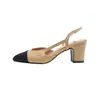 Sandálias bicolores estilo Chanel para mulheres, saltos altos de calcanhar aberto que não cansam os pés, sapatos elegantes de salto médio para o verão, sapatos franceses de salto grosso single
