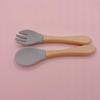 Garfo de silicone para alimentação de bebês, colher suplementar, talheres de treinamento para refeições infantis, garfo e colher para bebês, cabo de madeira, garfo e colher de silicone