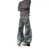 Pantalones Cargo Camuflados Lavados Vintage con Bolsillos Diagonales, Estilo High Street Americano Unisex, Ambiente Versátil, Corte Recto Holgado, Casual