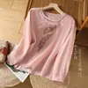 Camisa Bordada Estilo Étnico para Mulheres 2026 Primavera Nova Fina Gola Redonda Camiseta Solta Versátil Top Retrô para Mulheres