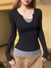 Ins outono nova chegada nicho roupa íntima camiseta top design de garota americana ousada senso de design color blocking retalhos manga longa camisa base feminina