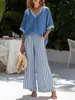 Conjunto Novo de Algodão e Linho para Mulheres no Verão, Blusa Solta de Manga Curta com Decote V, Conjunto de Duas Peças com Calças Listradas de Cintura Alta e Pernas Largas, Roupa Casual Transfronteiriça