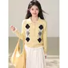 Cárdigan de punto con patrón de rombos en color de contraste y lazo para mujer, nuevo estilo de otoño, holgado y favorecedor, con solapa pequeña, top amarillo
