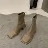 Botas Chelsea Estilo Chanel con Bloques de Color, Tacón Grueso y Punta Cuadrada, Botines Cortos Ajustados para Mujer, Nuevas Botas Chelsea de Mezclilla 2025