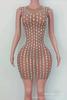 Vestido Corto sin Mangas de Malla Transparente Color Marrón con Cristales Brillantes, Perfecto para Mujeres Sexy para Celebrar Fiestas y Cumpleaños