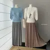 Camisa de Manga Media con Cuello Redondo de Lana Tencel para Mujer Verano 2026 Nuevo Ajuste Delgado Versátil Top de Manga de Cinco Cuartos Falda Azul