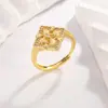 Novo Anel Quadrado Rombus Trevo de Quatro Folhas Escovado com Pedras Tipo Diamante, Estilo Vintage de Corte, com Abertura Ajustável e Design Empilhável