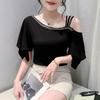 Camiseta sexy de estilo coreano con hombros descubiertos para mujer, de manga corta, diseño moderno de verano 2025, con cuentas, estilo occidental, pequeña.