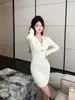 Otoño Nuevo Temperamento Socialité Sexy Manga Larga Cuello Tejido Adelgazante Bodycon Vestido Mujer Negro