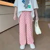 Pantalones Nuevos para Niñas 2024 Primavera y Verano Moda Tablero de Ajedrez Pantalones de Pierna Ancha Pantalones Rectos de Seda de Hielo para Niños