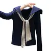 Camiseta de Manga Larga Wubi Crab Velvet College Cuello Marino Rayas Ajustada Detalle de Corbata Top Chal