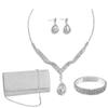 Collar y pendientes de lujo europeos y americanos con forma de gota de agua, cristales y diamantes para novia, para boda, con cuello en V, anillo de mano y bolso, accesorios de boda.