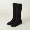 Botas femininas de outono e inverno transfronteiriças plus size, bico redondo, sola de borracha macia, botas de couro leves de calçar rápido com salto quadrado, botas Martin de salto médio de cano alto
