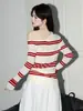 Top de Punto Rayado Super Caliente Forever Autumn de un Solo Hombro para Mujer Super Hermoso Bloque de Color Dulce Picante Capa Base Manga Larga