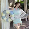 Traje de baño de manga larga con protección solar, estilo puro deseo, nuevo estilo, talla grande para mujer, conjunto de dos piezas que cubre el abdomen y estiliza la figura, adecuado para vacaciones en aguas termales, conjunto de tres piezas tipo bikini