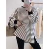 Playera de Terciopelo Cálida de Manga Larga Estilo Europeo y Americano para Mujer para Otoño e Invierno Camiseta Holgada de Terciopelo para Fondo Top Bordado a Rayas
