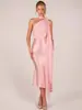 Moda Feminina Cruzada Europeia e Americana Nova 2026 Sexy Bodycon de Cetim Elástico de Alta Qualidade com Fitas