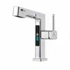 Torneira com display digital cromada espelhada, torneira de lavatório de metal com saída dupla retrátil para água quente e fria, torneira de gabinete de banheiro moderna de luxo leve